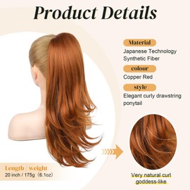 Flufymooz Ponytail Extension for Women, 20 Inch Drawstring Ponytail Hair Extension for Women, Soft Natural Looking Synthetic Pony Tails Hairpiece(Copper Red)