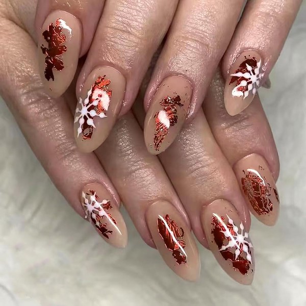 Snowflake Press on Nails Medium Almond Fake Nails,Christmas Press on