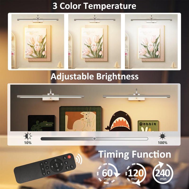 Aipsun 23.6" Brushed Nickel Picture Lights for Wall Rechargeable,12000mAh LED