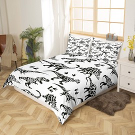Dinosaur Print Duvet Cover Black and White Dino Alphabet Bedding Set For Kids Boys Girls Children Jungle Animal Wildlife Decor Comforter Cover Ultra Soft Decor Bedspread Cover Queen Size Zipper