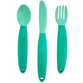 BUSY BABY Eating Utensils for Babies & Toddlers | Fork, Spoon, & Knife | Food-Grade Silicone & Tritan Plastic | Dishwasher Safe, BPA Free (Spearmint)