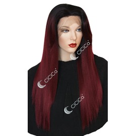 CiCiCa - “KIKI”, Lace Front Wigs, 28 Inches Long Wig, Straight Wig with Side Bangs, Ombre Black Roots to Burgundy Wig, Soft Lace Wig, Premium Heat-Resistant Synthetic Hair Replacement Wigs for Women.