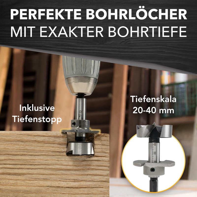 Forstner Drill Bit Set with Depth Stop and Extra Sharp,