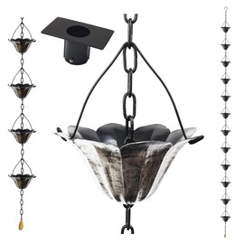 LEPTALINA 8.5FT Lotus Antique Silver Color Iron Rain Chains for Gutter and Rain Barrel | Rust-Resistant Plated Garden Décor Rain Chain for Downspout | Bonus Rain Chain Gutter Adapter
