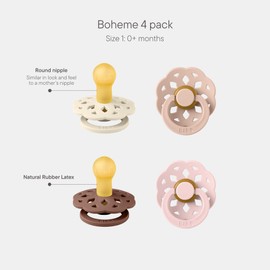 BIBS Boheme Soothers Pack of 4. BPA Free. Cherry Shape Nipple. Natural Rubber/Latex. Made in Denmark. Size 1 (0-6 months). Blush Mix