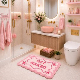 Drydiet Get Naked Bath Mat Pink Bow Bathroom Rugs 32" x 20" Funny Scalloped Bathroom Decoration Non-Slip Machine Washable Absorbent Plush Bath Floor Carpet for Party Gifts Bathtub Shower