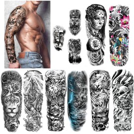 HOWAF Extra Large Waterproof Temporary Tattoos 8 Sheets Full Arm Fake Tattoos and 3 Sheets Half Arm Tattoo Stickers for Men and Women Adults, Military Warrior Rose Wolf Lion Tiger