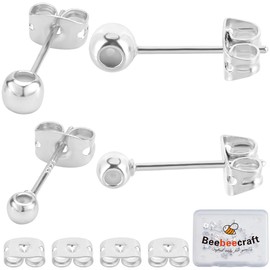 Beebeecraft 1 Box 20Pcs 3mm 4mm Pin Stud Earring Findings 925 Sterling Silver Plated Round Ball Bead Earrings Post with Silicone Insert Pins 20Pcs Ear Nuts for Jewellery Making