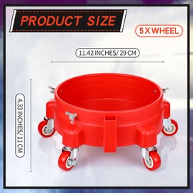 Datanly 2 Pcs 5 Gallon Bucket Dolly with 5 Swivel Wheel Casters 11.42'' Car Wash Bucket Dolly Round Plastic Dollies for Car Washing Garage Construction Flowerpot (Red)