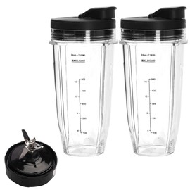 mumisuto Blender Replacement Parts, Pack of 2 24 oz Mixing Cups without Leakage with Replacement Extraction Blade and Lid, 7 Fin Extractor Blade Compatible with Ninja Bl2012/Bl487a/Bl492/Bl640/Nn100a