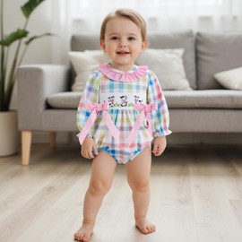 Fall Clothes Infant Baby Girl Long Sleeve Romper Bodysuit Collared Plaid Cow Embroidery Farm Outfit (Pink, 12-18 Months)