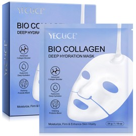 Bio Collagen Face Mask 6pcs, Intense Hydration, Reduce Fine Lines & Wrinkles, Soothing & Hydrating Overnight Hydrogel Mask, Pore Minimizing, Elasticity Improvement, Anti Aging and Rejuvinating Sheets