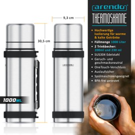 Arendo - Thermos Flask 1 Litre Stainless Steel - with 2 Cups - Double-Walled Thermos Flask - 1000 ml - One Click Closure - Leak-Proof - Removable Lid - BPA Free - Carbonated Proof - Silver