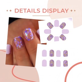 24Pcs Purple Press on Nails Short Square Fake Nails with Lilac Flower Design Acrylic Nails Cute Floral False Nails Nude Glue on Nails Glossy Artificial Nails Full Cover Stick on Nails DIY for Women
