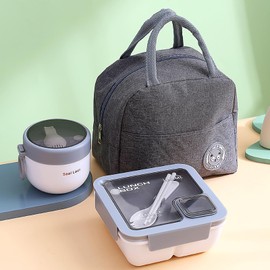Bento Box for Adults and Kids, 1100ML Bento Boxes Set with Insulated Bag, Cutlery, Soup Cup, Durable Leakproof Lunch Box with Compartments, Food Storage Box for Men Women Student School Office, Grey