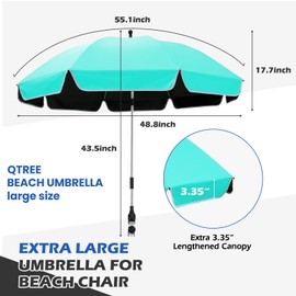 QTREE intelligence 48.8 inch Large Beach Umbrella with Clamp Sun Shade for Beach Chair, 360°Adjustable UV Protection Golf Umbrella with Clip for Outdoor Patio Stroller Wheelchair