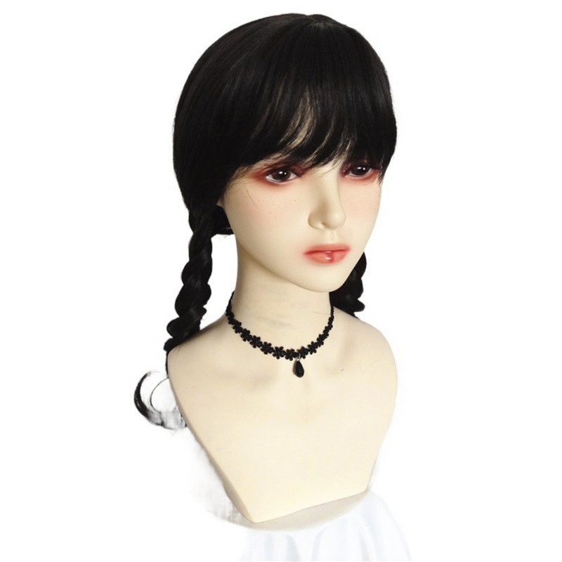 Black Long Double Braid Wig Synthetic Simulated Scalp Heat Resistant