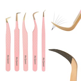 Ms.Queen Lash Tweezers For Eyelash Extensions,5Pcs Professional Fiber Tip Grip Curved 45 90 Degree Boot Volume Tweezers Set