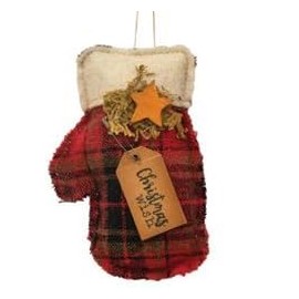 Christmas Wish Primitive Plaid Mitten Ornament