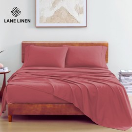 LANE LINEN 100% Organic Cotton Bedsheets King Size Bed, Soft & Comfy Luxury Hotel Style Percale Cooling Sheets King Size, Oeko Tex Certified Sustainably Produced Cotton Sheets- Mineral Red