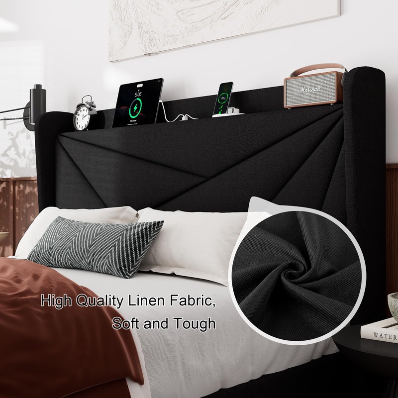Feonase Full Size Bed Frame with Charging Station, Upholstered Platform