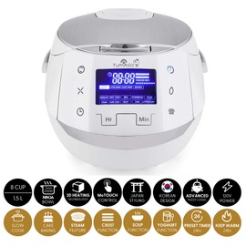 Yum Asia Sakura Rice Cooker with Ceramic Bowl and Advanced Fuzzy Logic (8 Cup, 1.5 Litre) 6 Rice Cook Functions, 6 Multicook Functions, Motouch LED Display, 120V Power (White and Siver)