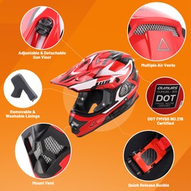 OUMURS DOT Adult ATV Dirt Bike Helmet with Goggles Gloves & Mask Adjustable Sun Visor Motorcycle Adult Helmet Off-Road Motocross Downhill Moped MX for Unisex-Adult-Engine Red, L