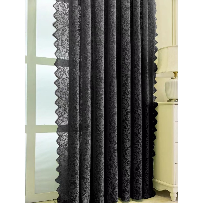 F-CHU Black Lace Curtains 72 drop Pair Voile Net Curtains