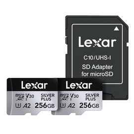 Lexar Tarjeta Micro SD Profesional Silver Plus de 256 GB, UHS-I, C10, U3, V30, Full HD y 4K, Tarjeta de Memoria microSDXC de hasta 205/150 MB/s, para videógrafos, Jugadores (LMSSIPL256G-B2ANU)