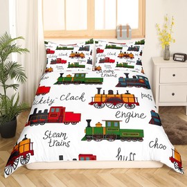 Vintage Train Duvet Cover Set Queen Size Cartoon Train Car Bedding Set 3Pcs for Kids Boys Girls Room Decor Transportation Vehicles Comforter Cover Yellow Red Green Train Quilt Cover,2 Pillowcase