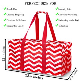 Lucazzi Extra Large Utility Tote Bag - Oversized Collapsible Reusable Wire Frame Rectangular Canvas Basket With Two Exterior Pockets For Beach, Pool, Laundry, Car Trunk, Storage - Chevron Red