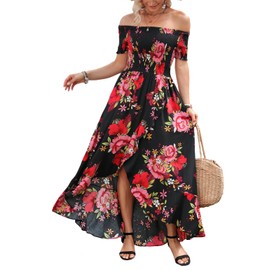Kormei Women Short Sleeve Off Shoulder Floral High Low Flowy Summer Party Long Maxi Dress L Black&Red