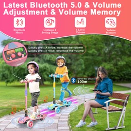 3 Wheel Scooter for Kids, Toddler Scooter with Bluetooth Music Speaker Steam Sprayer LED Lights Aluminum Alloy T-Bar, Folding 3 Wheel Scooter for Boys Girls Ages 3-10 (Pink)