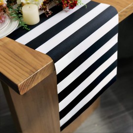 Camino de mesa con patrón de rayas en blanco y negro para aniversario, cena, suministros para fiesta, fiesta de cumpleaños, boda, Navidad, decoraciones de Año Nuevo, 30.5 x 274.3 cm (12 x 108 pulgadas