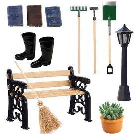 12 Stück Miniatur Garten Zubehör, Mini Wichtel Zubehör, Puppenhaus Zubehör Garten, Mini Gartenmöbel Deko mit 4 Gartengeräte 1 Mini-Regenstiefel 1 Parkstraßenlaterne Parkbank Topfpflanzen Buch für DIY
