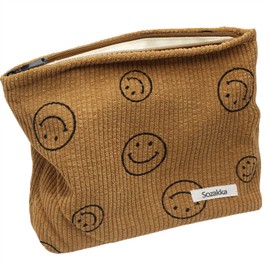 Corduroy Makeup Bag Large with Cute Smile Face Pattern,KQueenest Aesthetic Women Handbags Portable Toiletry Bag Cosmetic Bag Travel Storage Makeup Organizer for Women Girls (Brown)