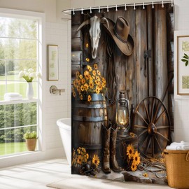 Wathon Western Cowboy Shower Curtain with Farmhouse Barn Door, Southwest Country Ranch Bath Curtain with Cowboy Boots Floral, Rustic Southwestern Theme Bathroom Decor Set with Hooks 70X70IN