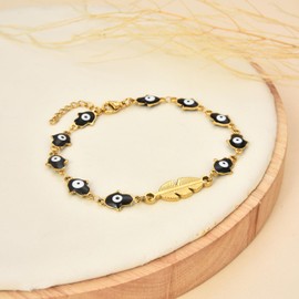 JMTOBETOP 3Pcs Evil Eye Protection Blessing Lucky Bracelet for Women,14K Gold Plated Stainless Steel Amulet Hamsa Hand Bracelets, Compass Heart Cross Four-leaf Clover Wing Charm link Chain Bracelet,