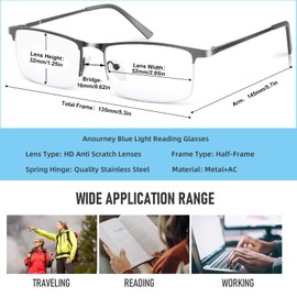 Anourney Blue Light Blocking Glasses, Lightweight Metal Half Frame Computer Reading/Gaming/TV/Phones Glasses,Filter UV Ray/Computer Glare with Spring Hinge Eyeglasses(2PCS Black)