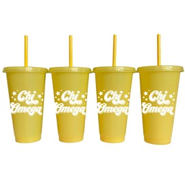 Sorority Shop Chi Omega Glitter Color Changing Cups, 4-Pack Reusable Cups with Lids and Straws