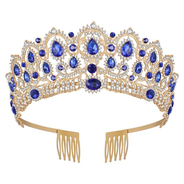 FRCOLOR Korean Water Drill Bride Crown Top Hair Tiara Bridal Hair Accessories for Woman Girl (Blue)