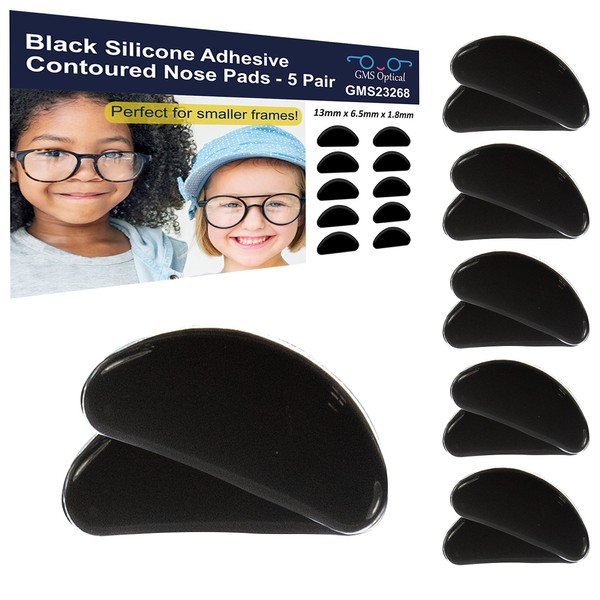 GMS Optical® Kids Small Adhesive Contoured Silicone Eyeglass Nose Pads - Anti Slip & Pressure Relief - Perfect for Kids Glasses and Smaller Frames (13mm x 6.5mm x 1.8mm) (5 Pair - Black)