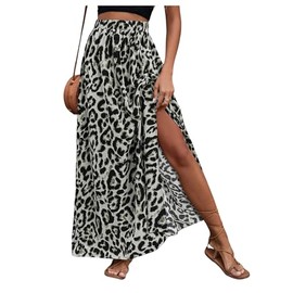 SweatyRocks Women's High Waist Leopard Print Split Maxi Long A Line Skirts with Slit Black White Medium