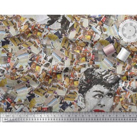 Soimoi Green Velvet Fabric News Paper & Women Face Decor Fabric Printed BTY 58 Inch Wide