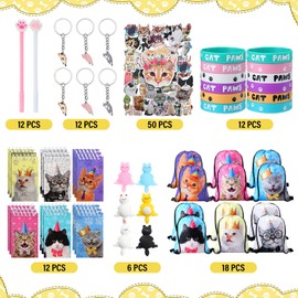 91 Pcs Cat Party Favors Include 12 Squeeze Toys, 12 Paw Print Rubber Bracelets, 12 Cats Make-a-face Sticker, 12 Kawaii Pen, 12 Cat Keychain, 18 Cat Notebook, 12 Cat Drawstring Backpack and Cat Sticker