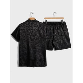 Verdusa Men's 2 Piece Lounge Set PJ Set Leopard Jacquard Button Front Shirt and Short Sets Black Small