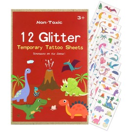 Noosuna 12 Sheets Dinosaur Glitter Tattoo Stickers Non-Toxic and Skin-Friendly Waterproof, Temporary Tattoos Suitable for Birthday Parties, School Parties, Holiday Celebrations and Other Interactions