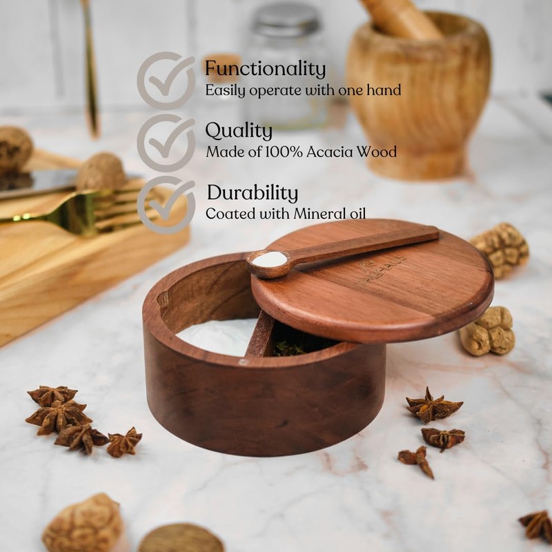 Salt and Pepper Bowl, Acacia Wood Salt Cellar Box with
