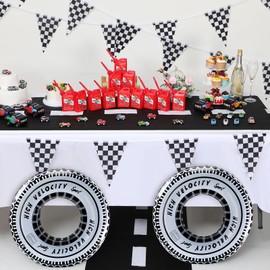 Mifoci 18 Pcs Racing Birthday Party Supplies Include 12 Fuel Race Cups 2 Runner Tire Swimming Ring 2 Checkered Flag Banner and 2 Racetrack Floor Runner Race Theme Party Decoration for Race Party Favor