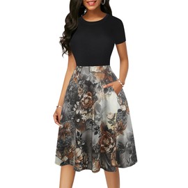 oxiuly Women's Vintage Round Neck Floral Casual Pockets Tunic Party Cocktail Cotton Blend A-Line Summer Dress OX262 (XL, BK-Coffee F)